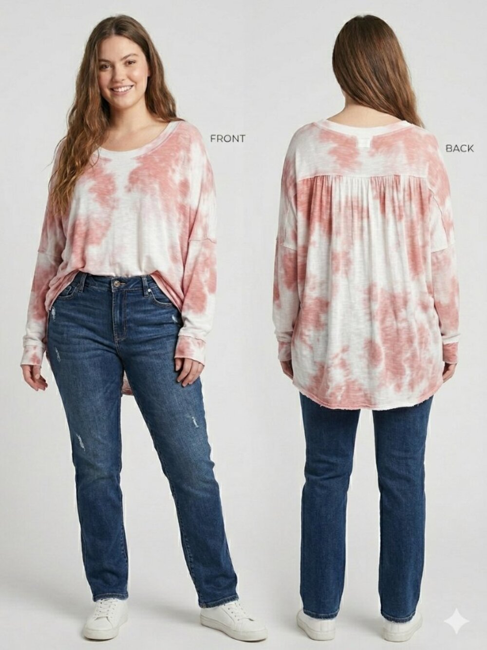 TRUE CRAFT Tie-Dye Oversized Pullover Top Women's 3X Pink White High-Low Hem